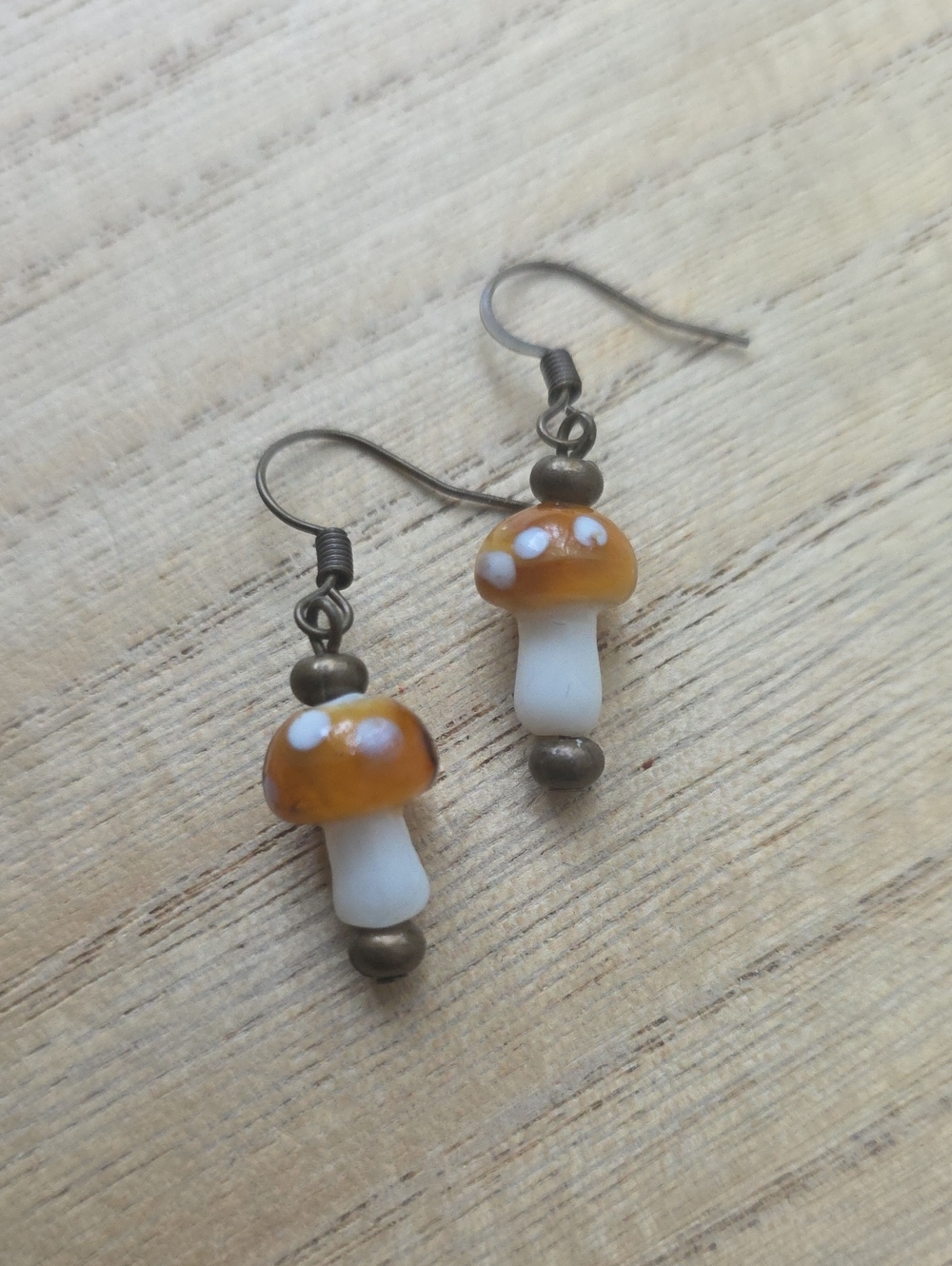 Handcrafted Mushroom Drop Earrings in Amber and White